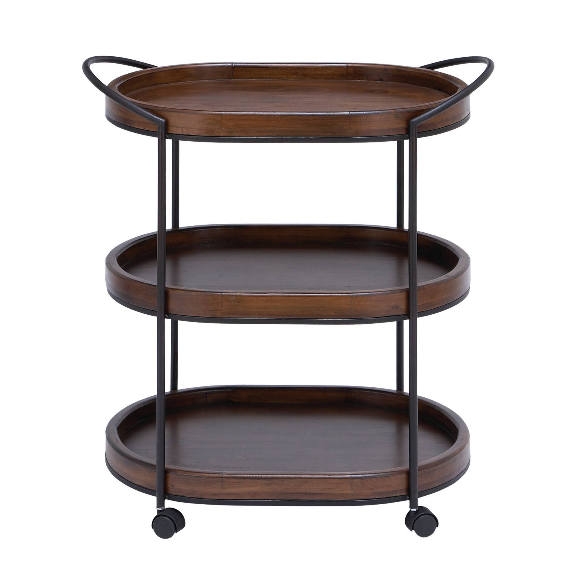 3-Tier Brown Pine & Metal Traditional Bar Cart